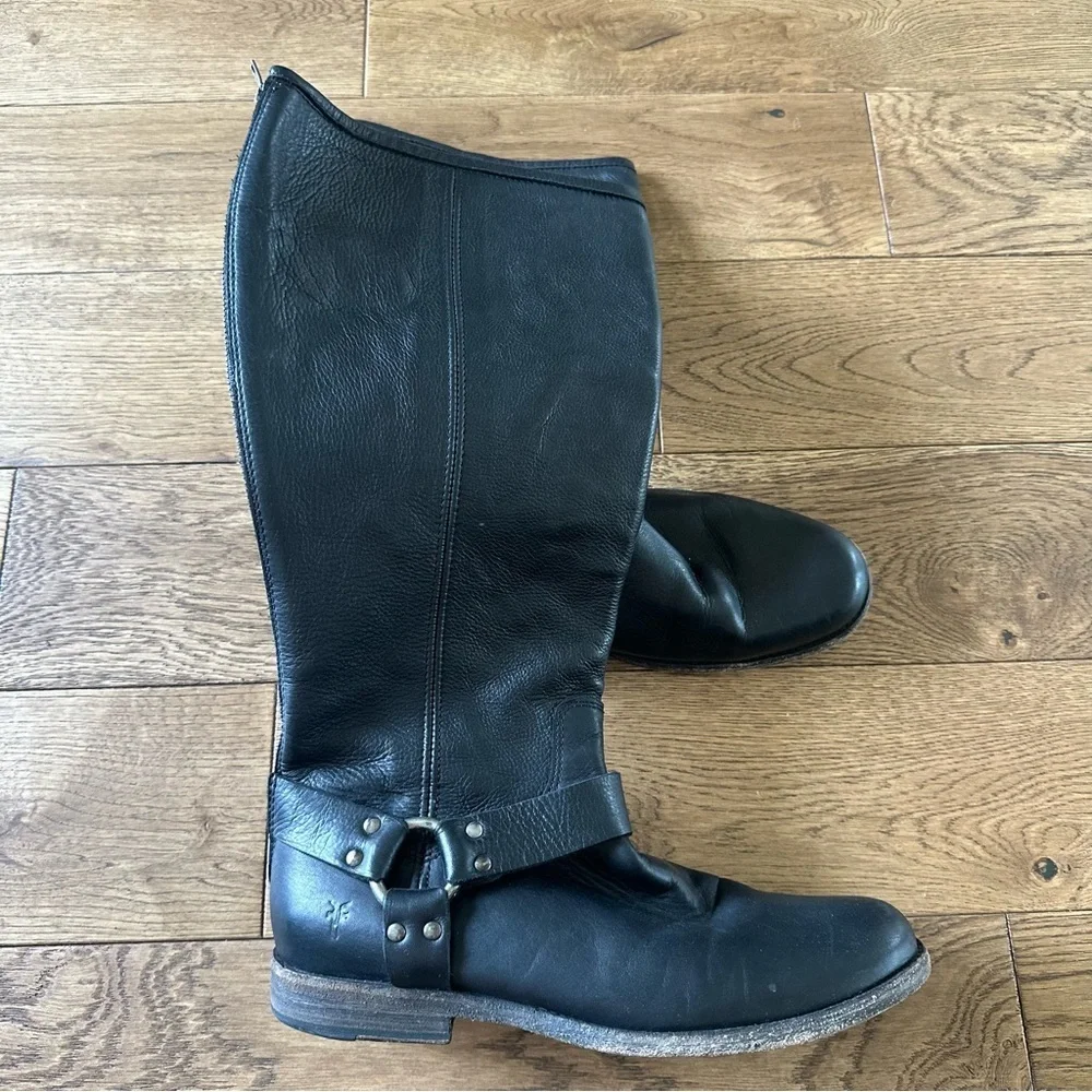 Frye Phillip Harness Tall Black Leather Boots Sz 10